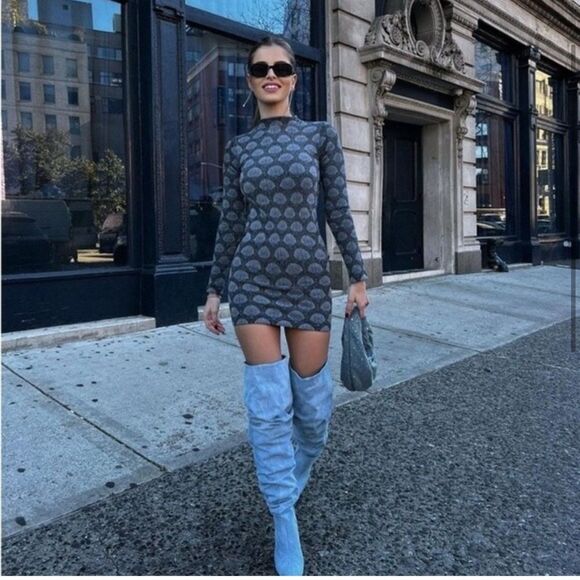 Zara Nwt Seamless Jacquard Shell Mock Neck Long Sleeved Stretch Knit Mini Dress - Picture 3 of 7